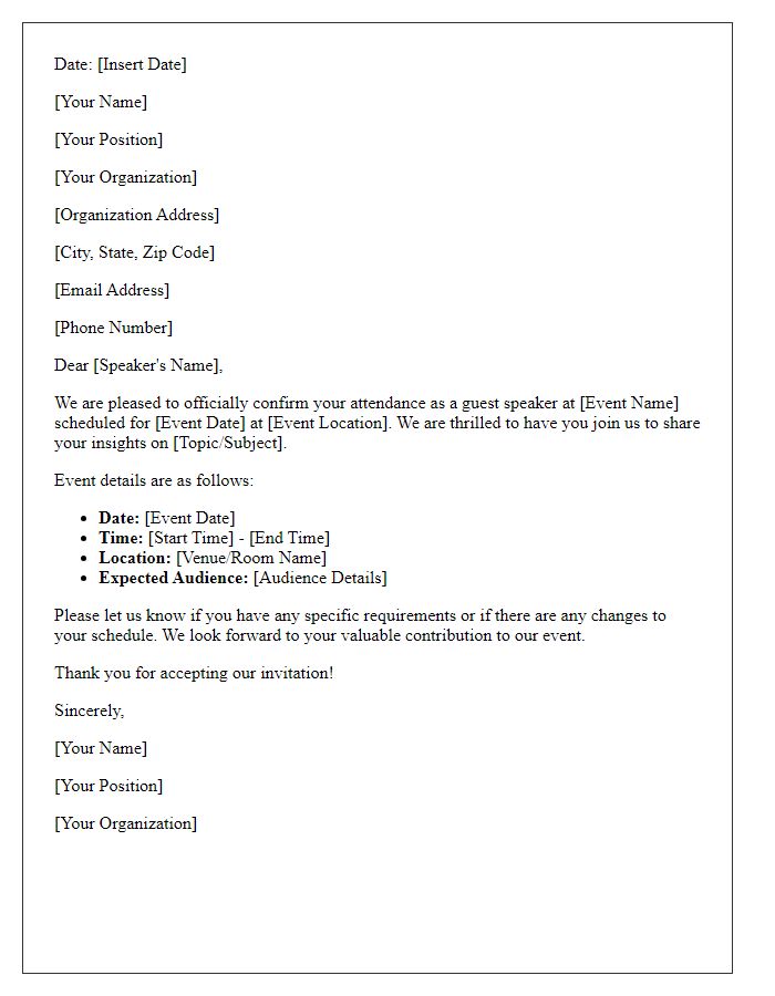 Letter template of official confirmation for guest speaker attendance.