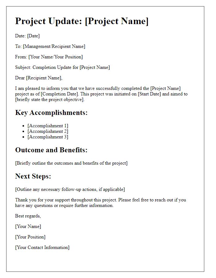 Letter template of completed project update for management.