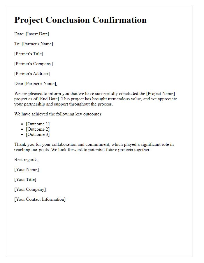 Letter template of project conclusion confirmation for partners.