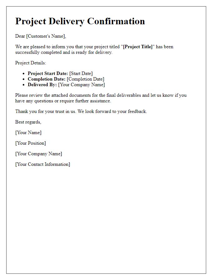 Letter template of project delivery confirmation for customers.