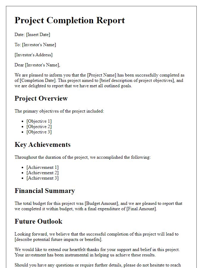 Letter template of successful project completion report for investors.