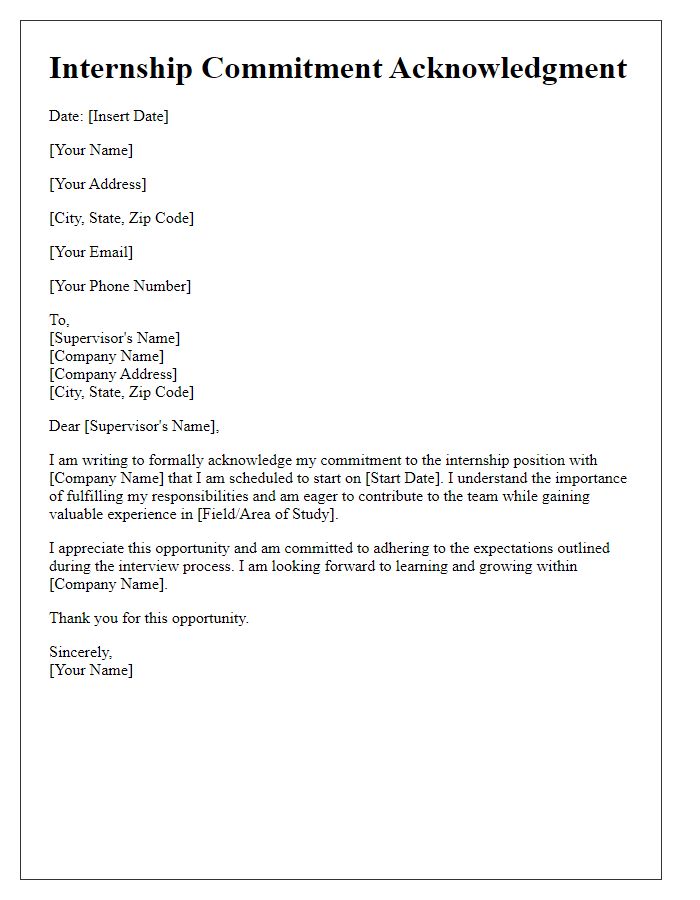 Letter template of Internship Commitment Acknowledgment