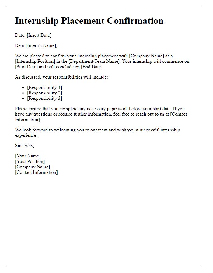 Letter template of Internship Placement Confirmation