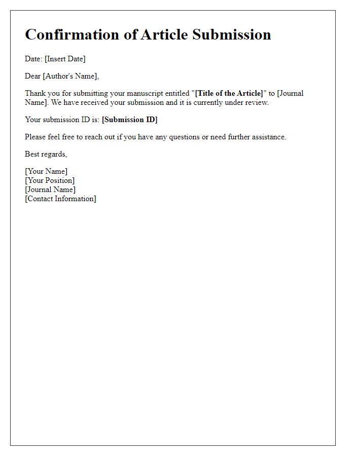 Letter template of confirmation for academic article submission