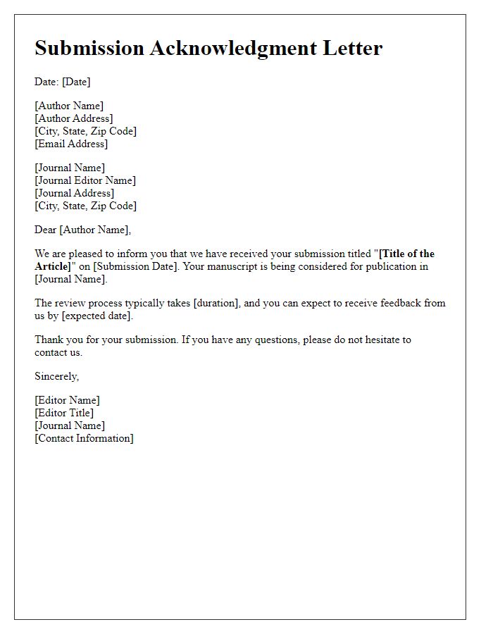 Letter template of submission acknowledgment for scholarly article