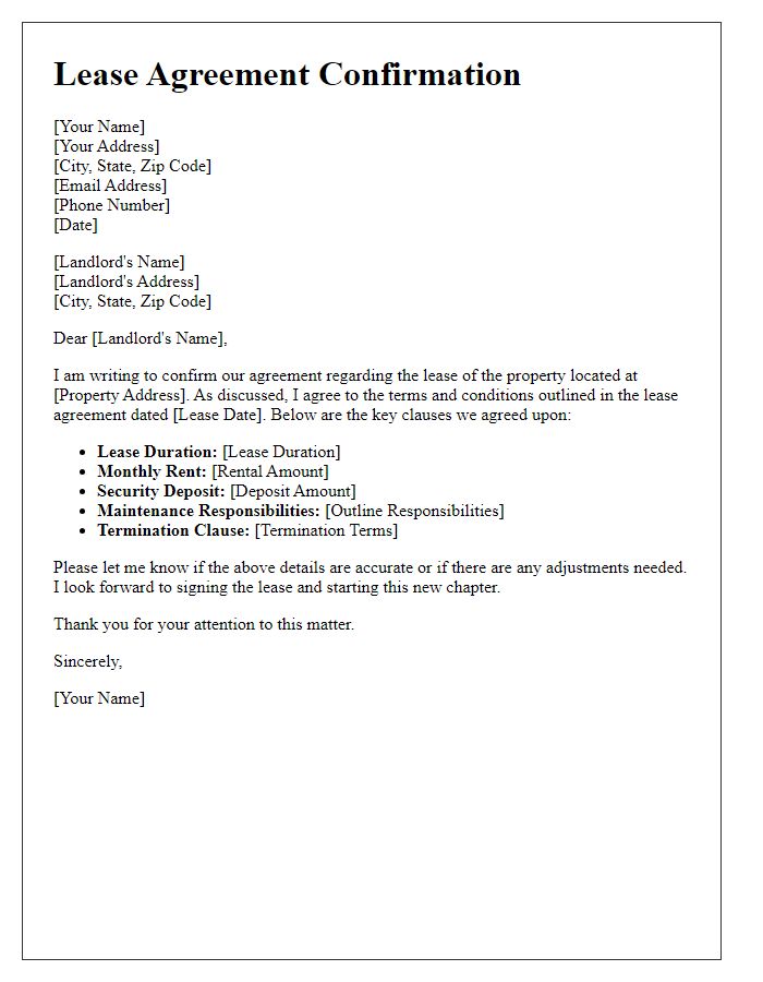 Letter template of confirming agreement to lease clauses