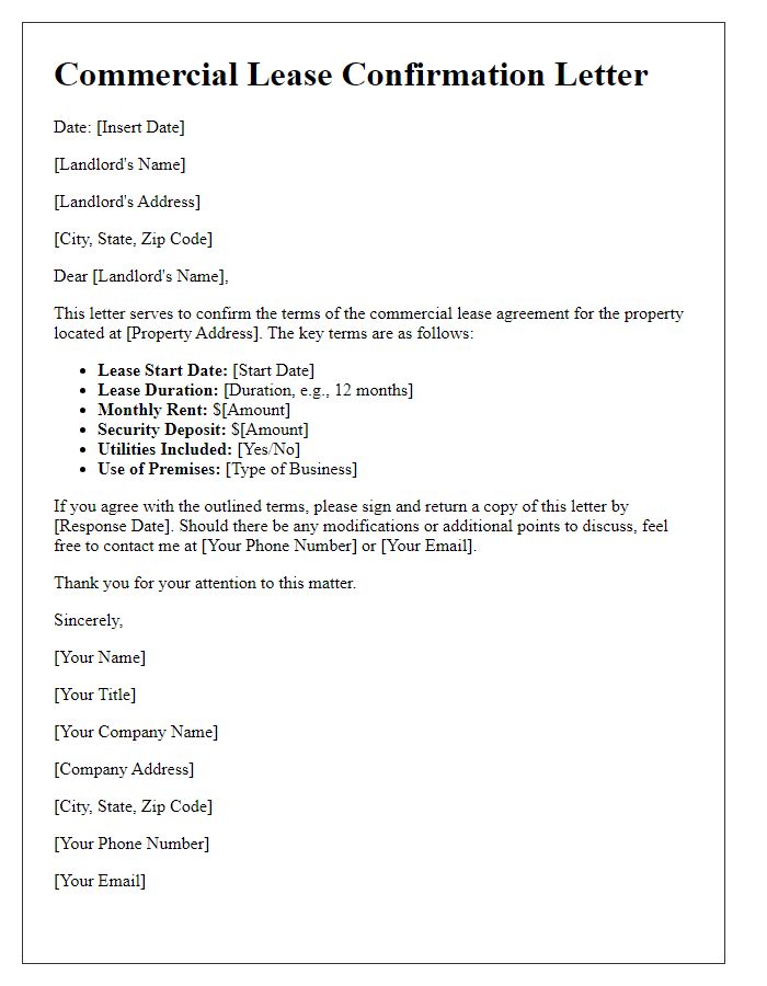 Letter template of confirming commercial lease terms