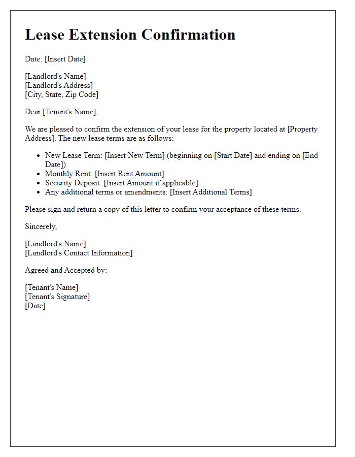 Letter template of confirming terms of lease extension