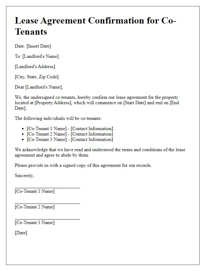 Letter template of lease agreement confirmation for co-tenants