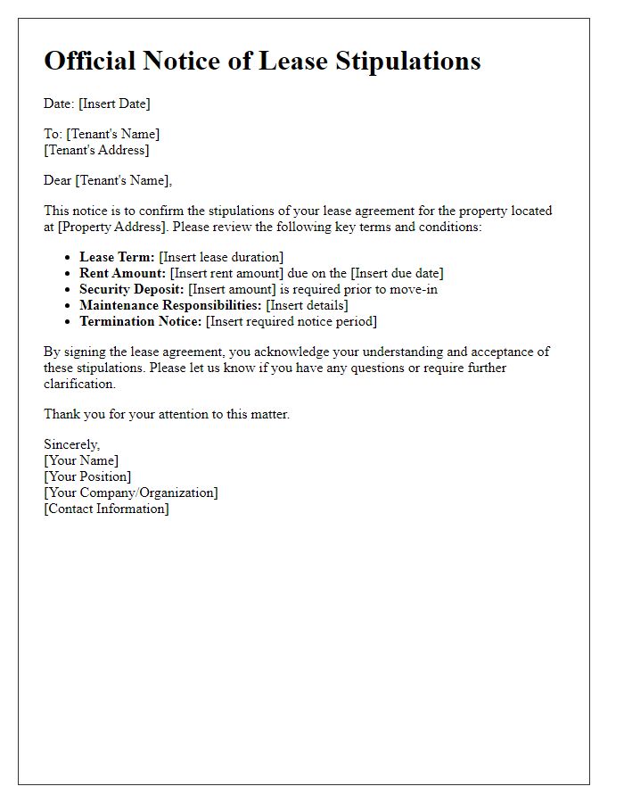 Letter template of official notice confirming lease stipulations