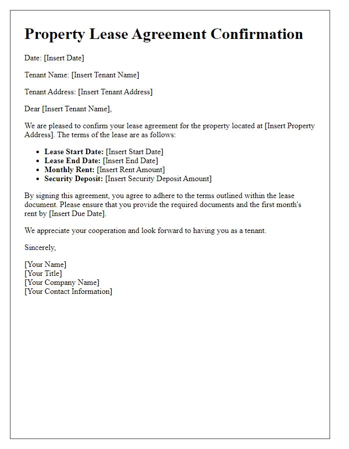 Letter template of property lease agreement confirmation for tenant