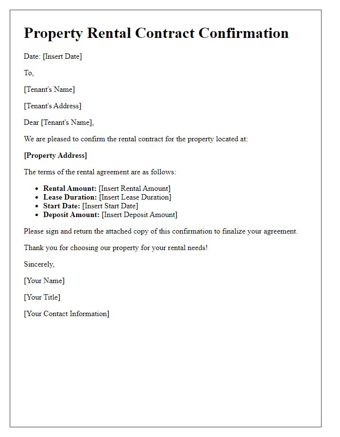 Letter template of property rental contract confirmation