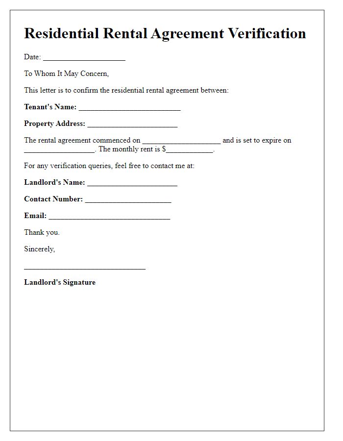 Letter template of residential rental agreement verification