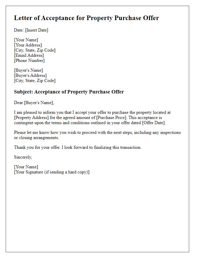 Letter template of acceptance for property purchase offer