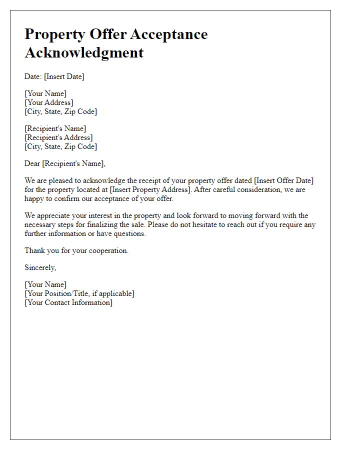 Letter template of acknowledgment for property offer acceptance