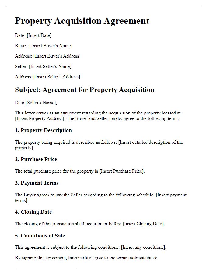 Letter template of agreement for property acquisition