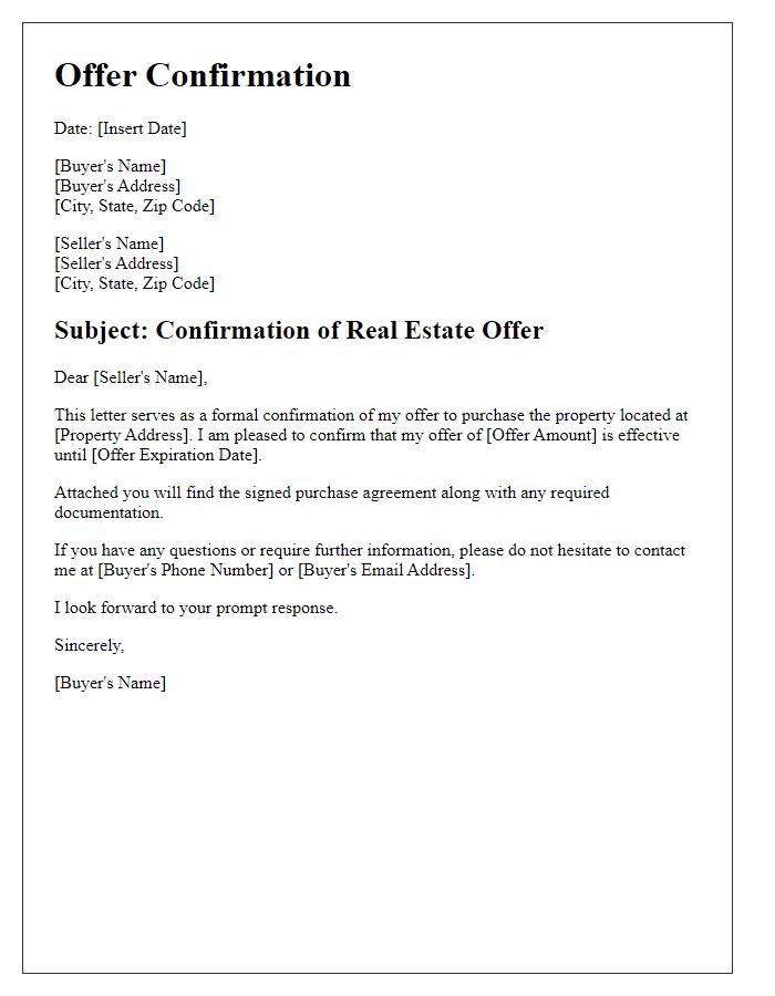 Letter template of confirmation for real estate offer