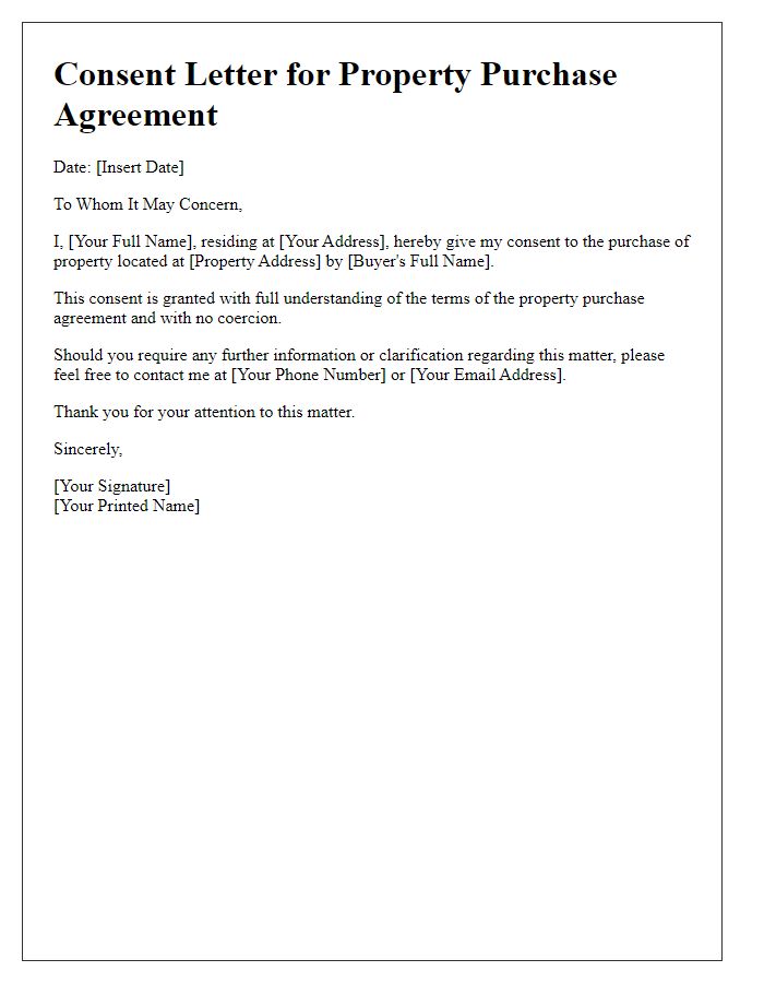 Letter template of consent for property purchase agreement