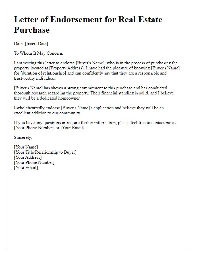 Letter template of endorsement for real estate purchase