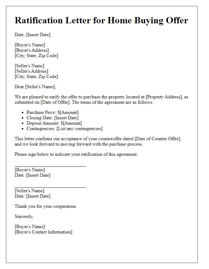 Letter template of ratification for home buying offer