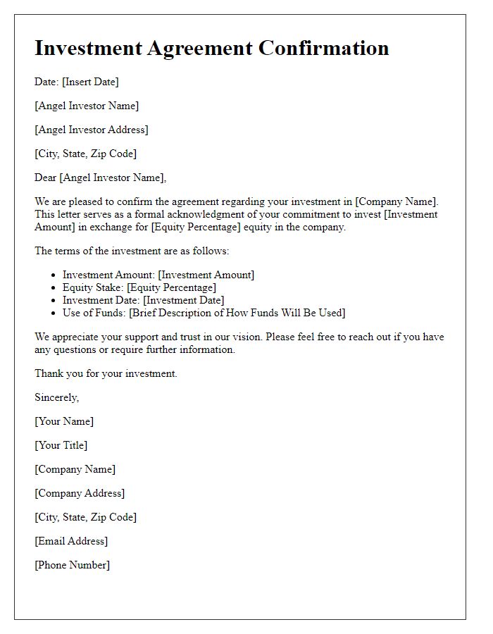 Letter template of investment agreement confirmation for angel investors