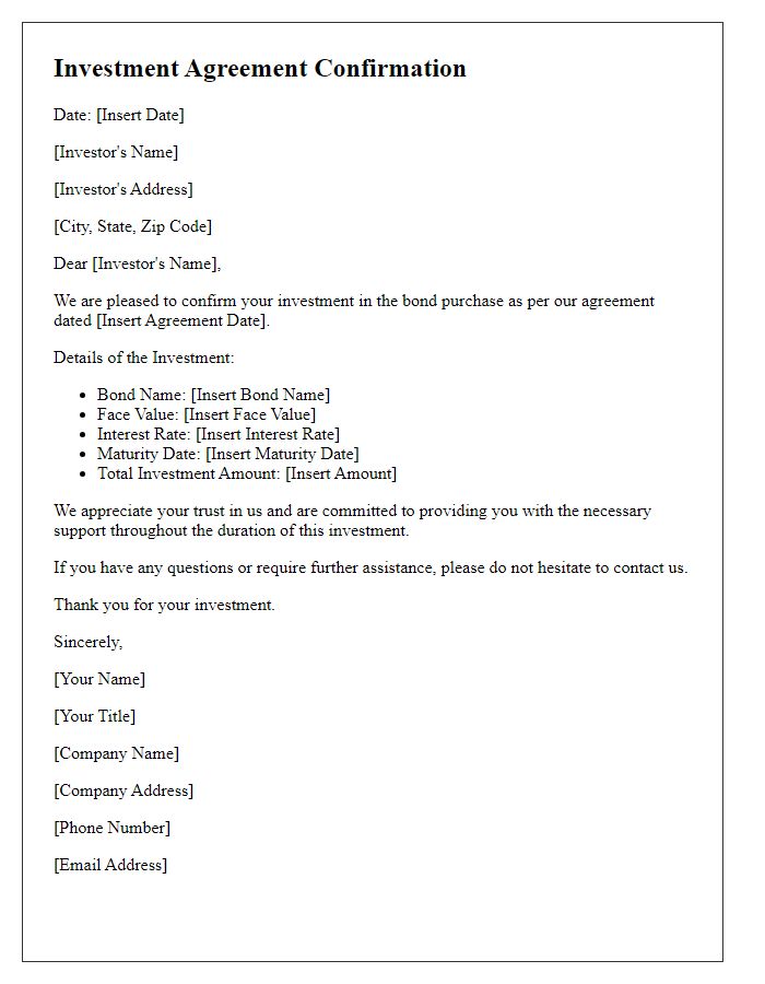 Letter template of investment agreement confirmation for bond purchases