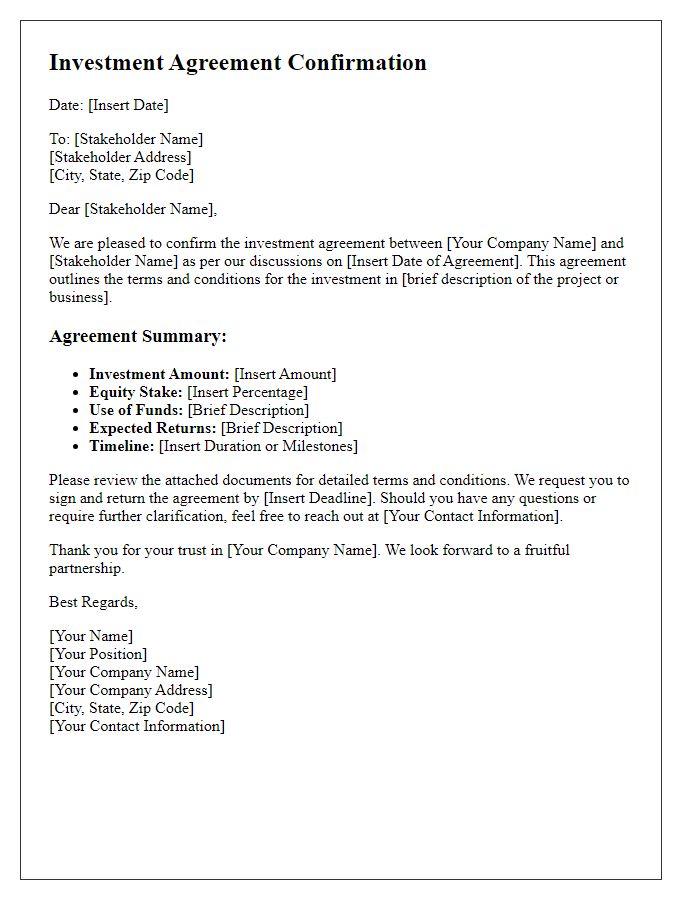 Letter template of investment agreement confirmation for corporate stakeholders