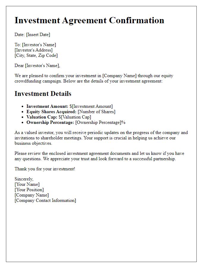 Letter template of investment agreement confirmation for equity crowdfunding