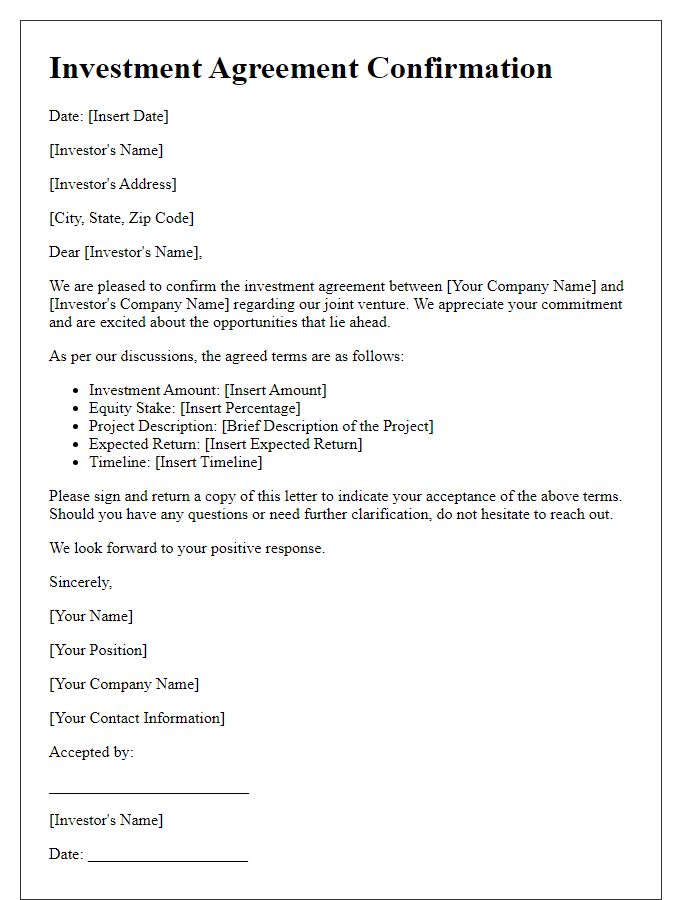 Letter template of investment agreement confirmation for joint ventures