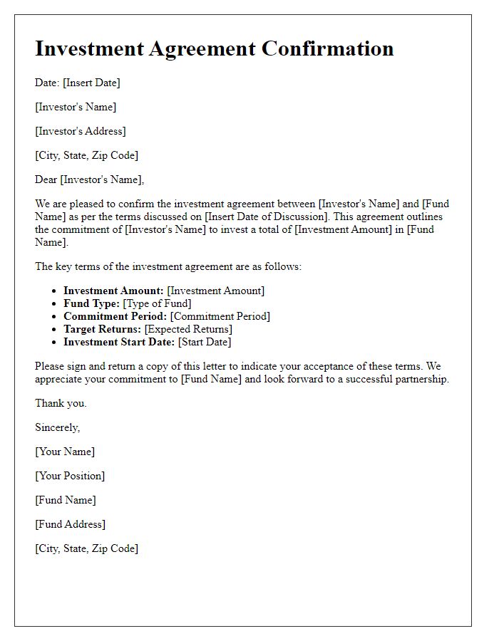 Letter template of investment agreement confirmation for private equity partnerships