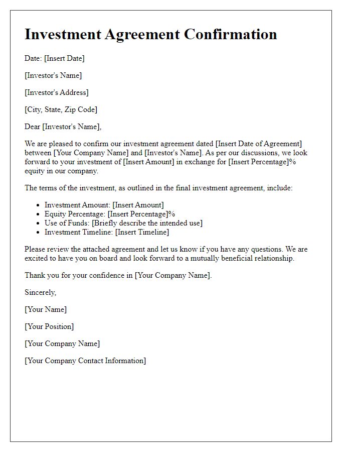 Letter template of investment agreement confirmation for venture capitalists