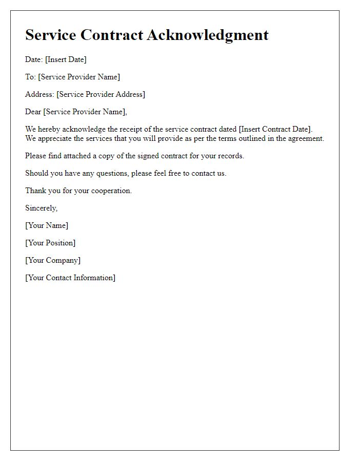Letter template of service contract acknowledgment