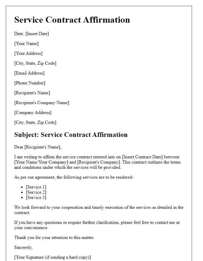 Letter template of service contract affirmation