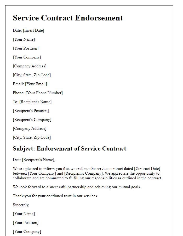 Letter template of service contract endorsement