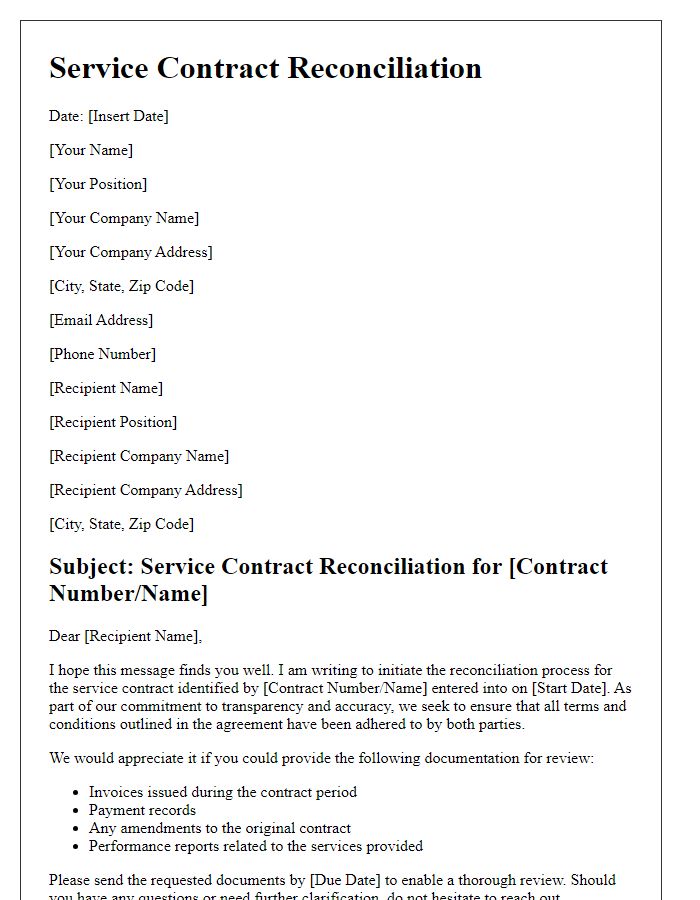 Letter template of service contract reconciliation