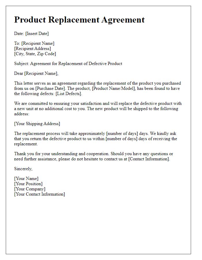 Letter template of agreement on replacing product with defects.