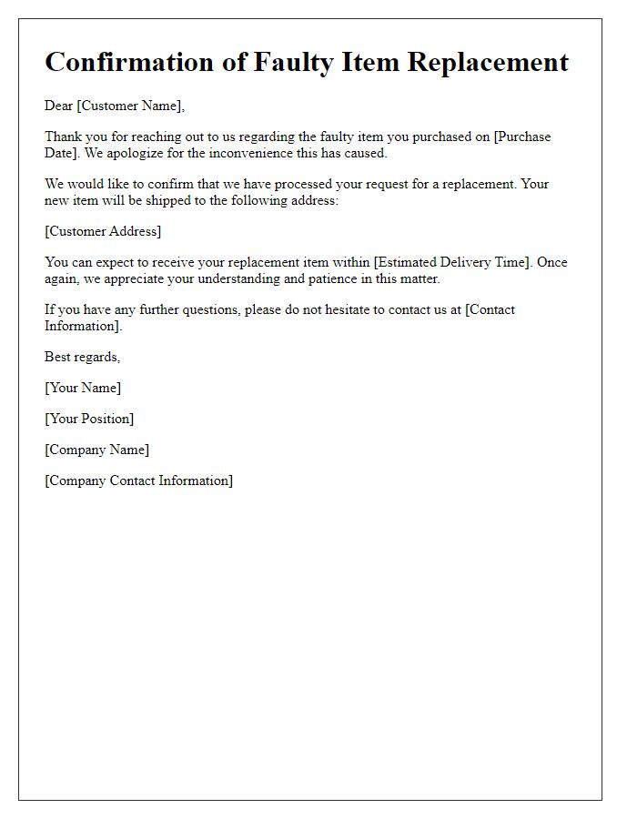 Letter template of confirmation for faulty item replacement.