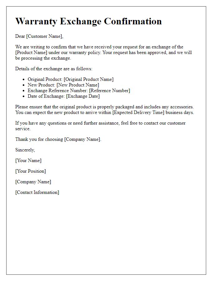 Letter template of confirmation for warranty-based product exchange.