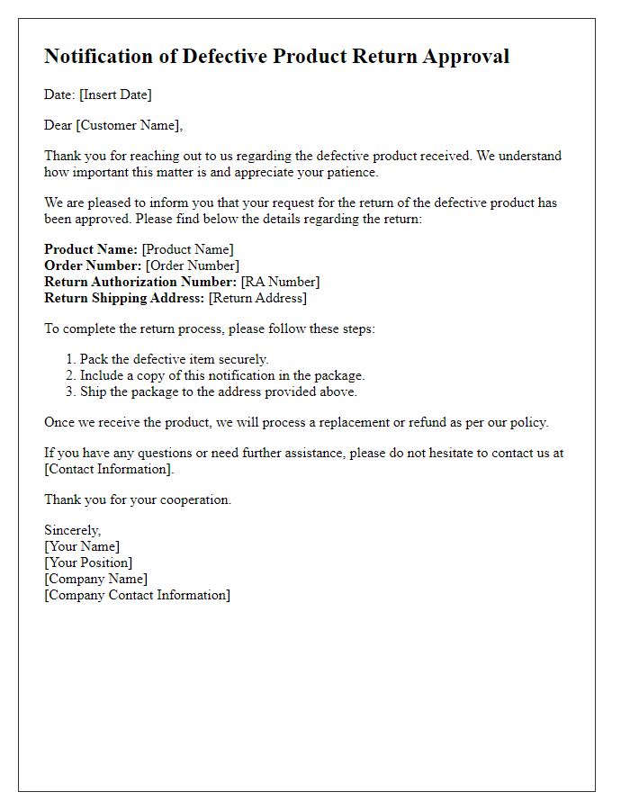 Letter template of notification for defective product return approval.