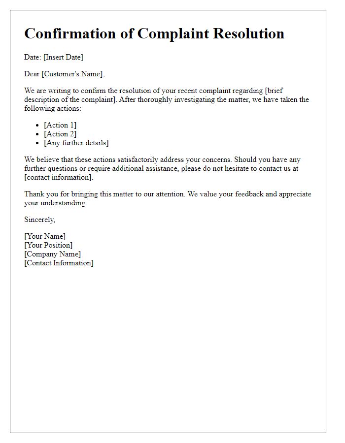 Letter template of confirmation for complaint resolution outcome