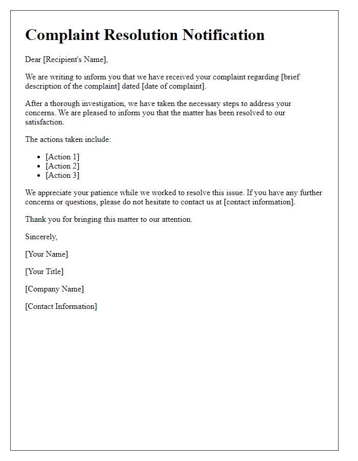 Letter template of notification regarding complaint resolution
