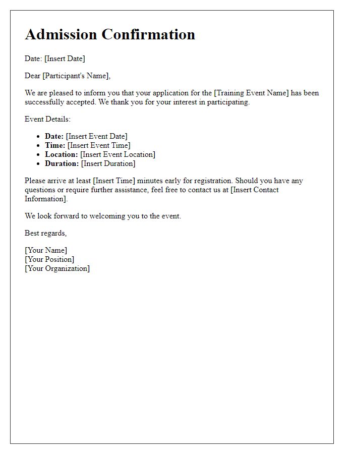 Letter template of admission confirmation for training event