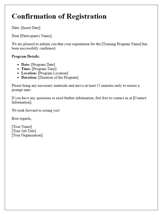 Letter template of confirmation for training program registration