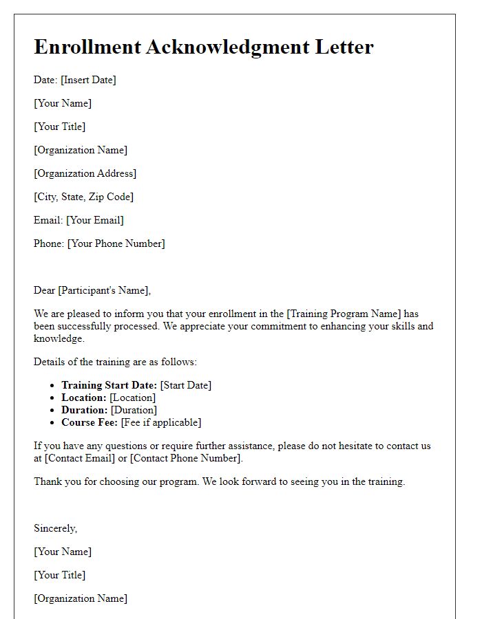 Letter template of enrollment acknowledgment for training