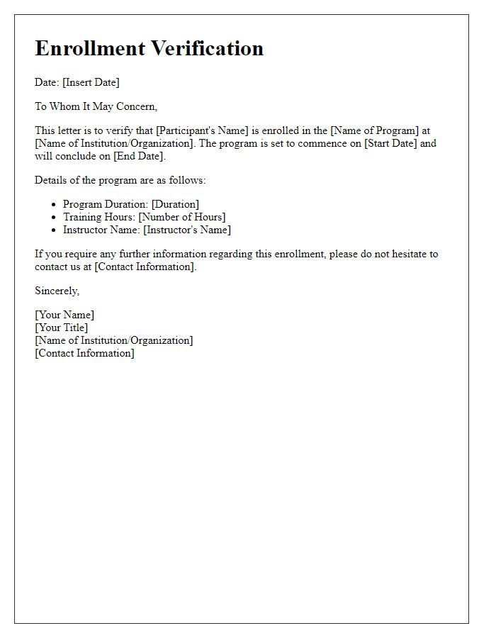 Letter template of enrollment verification for professional training