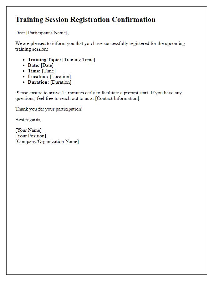 Letter template of notification for training session registration