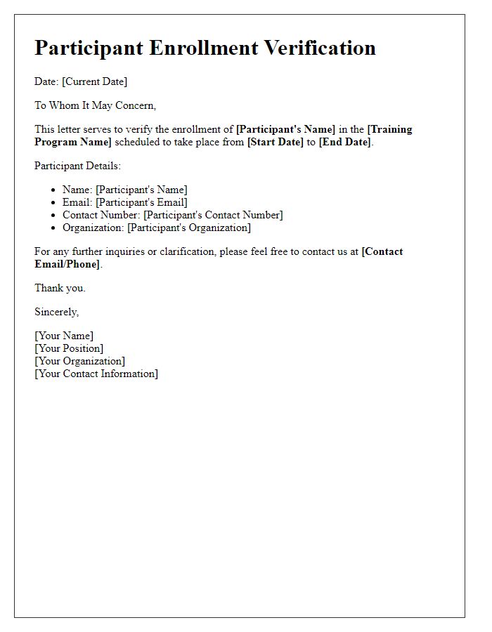 Letter template of participant enrollment verification for training