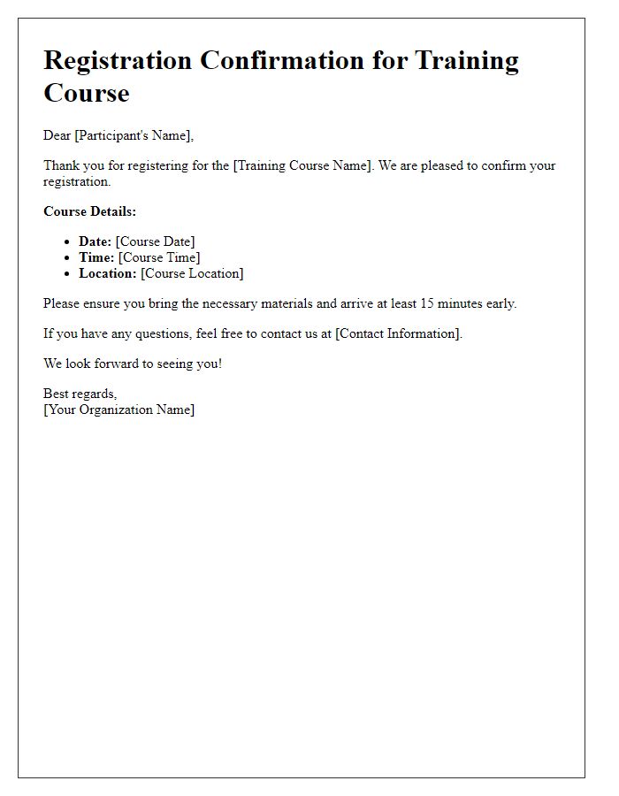 Letter template of registration confirmation for training course