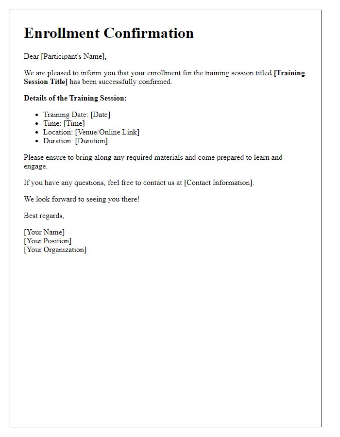 Letter template of training session enrollment confirmation