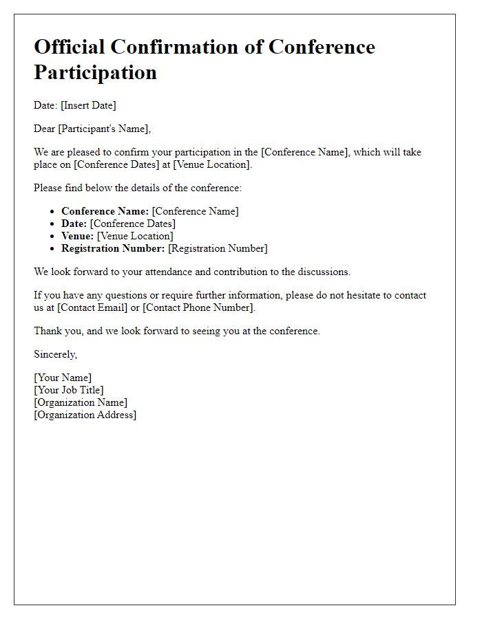 Letter template of official confirmation for conference participants.